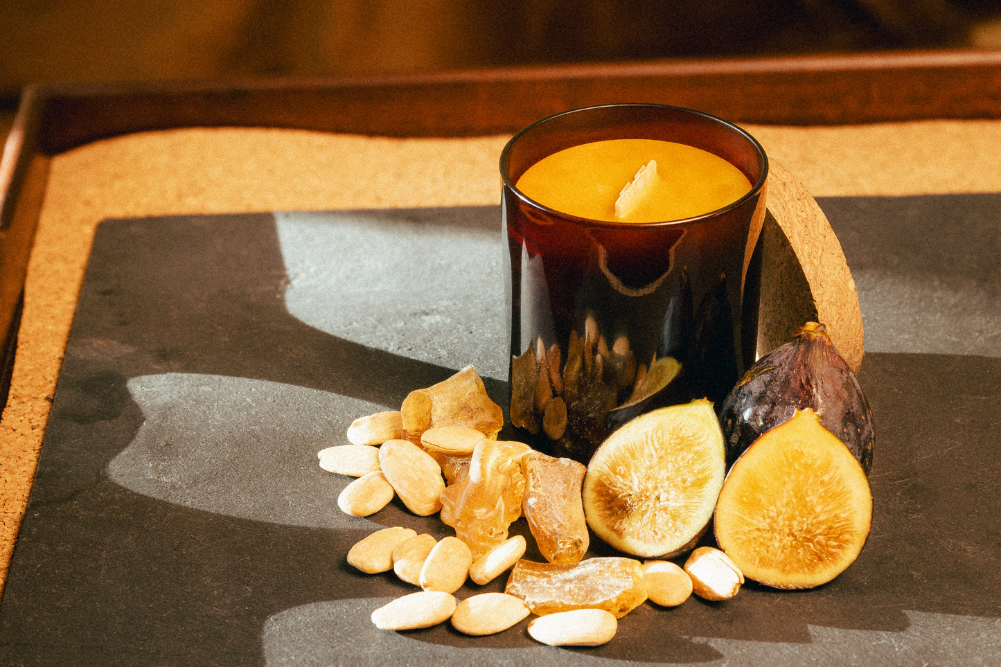 natural beeswax candle in glass jar and cork lid