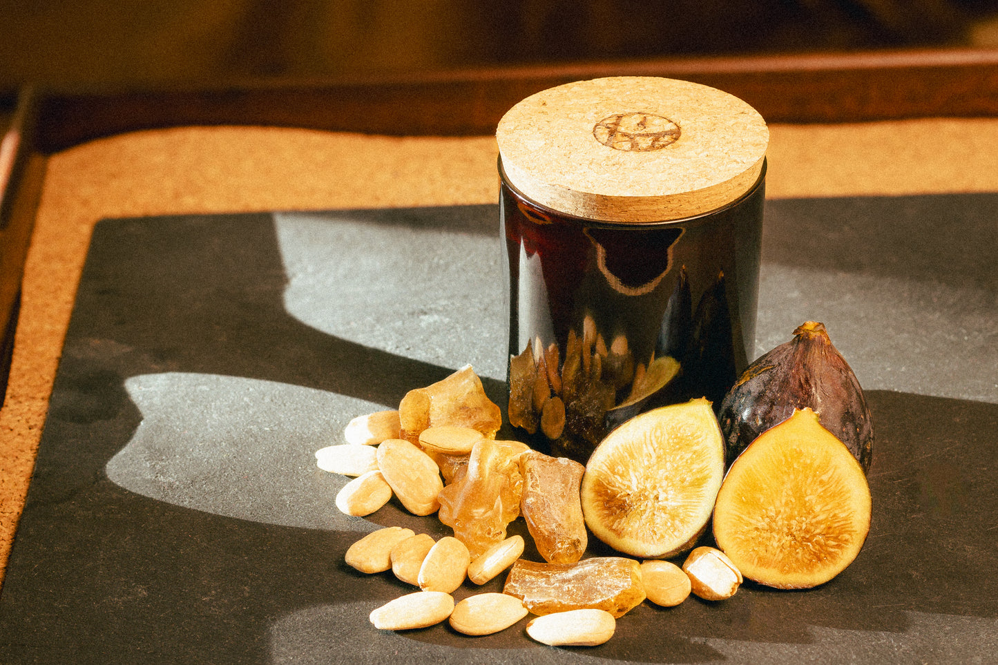 natural beeswax candle in glass jar and cork lid