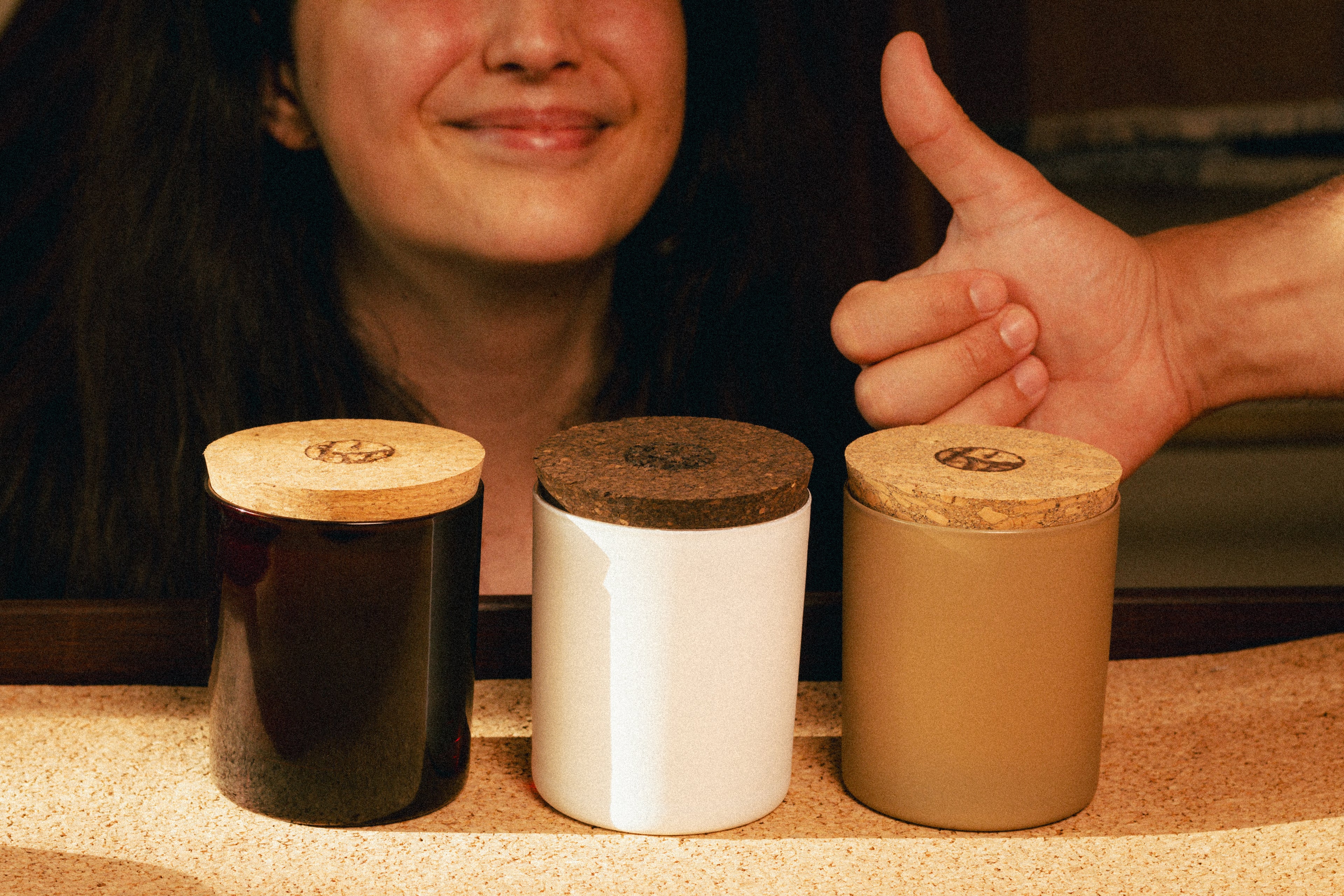 glass jars, cork lids and wood wick beeswax candles